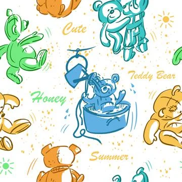 Seamless multicolored pattern, set of cute funny vintage teddy bears toys. Hand Stock Illustration