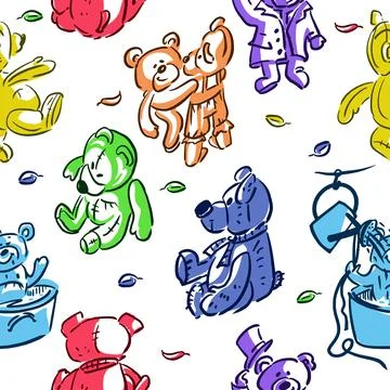 Seamless multicolored pattern, set of cute funny vintage teddy bears toys. Hand Illustrazione stock