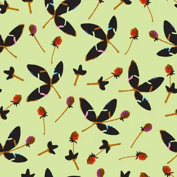 Seamless multicolour doodle tiny flowers and leafs pattern  background , gree Stock Illustration