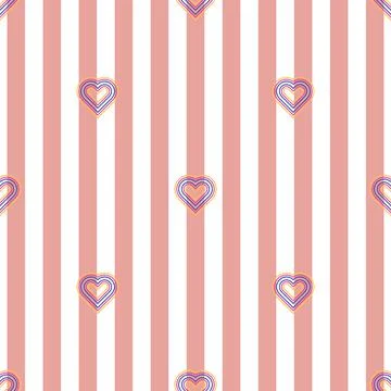 Seamless multicolour heart shape  from line art pattern on stripe background  Stock Illustration