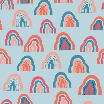 Seamless multicolour pattern background with hand draw cute rainbow , kids pa Stock Illustration