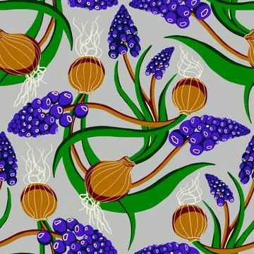 Seamless Muscari pattern with bulbs Stock Illustration