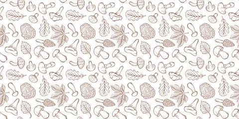 Seamless mushroom and leaf pattern in line art style. Autumn nature forest 스톡 일러스트