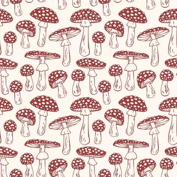 Seamless Mushroom Doodle Pattern with Spotted Fly Agaric Caps. Woodland Fungi Stock Illustration