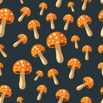 Seamless mushroom pattern on dark blue background Stock Illustration