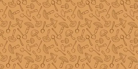 Seamless mushroom pattern in line art style. Cooking and food concept Stock Illustration
