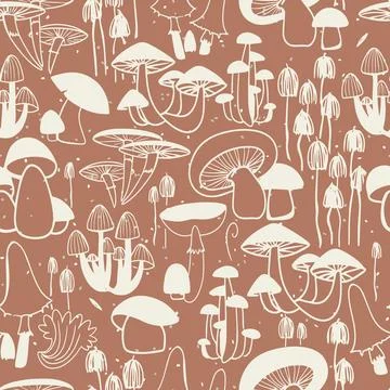 Seamless mushrooms pattern with Color of the year Mocha Mousse background Stock Illustration