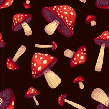 Seamless Mushrooms Pattern on a Dark Background. Vector Stock Illustration