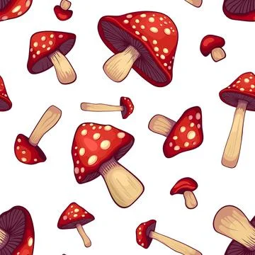 Seamless Mushrooms Pattern on a White Background. Vector Stock Illustration