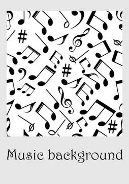 Seamless music background with notes, treble clef, music symbols in monochrom Stock Illustration