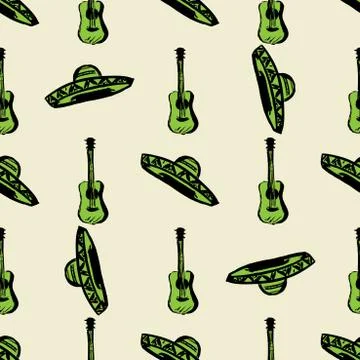 Seamless music pattern with sombrero hat and  guitar Stock Illustration