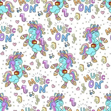 Seamless music unicorns pattern on a white background Stock Illustration