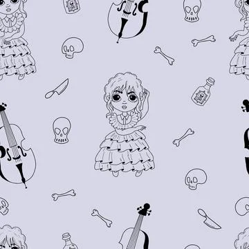 Seamless mysterious pattern with dancing girl on purple background with rum.. Stock Illustration