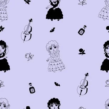 Seamless mysterious pattern with gothic dancing girl wednesday on purple 库存插图