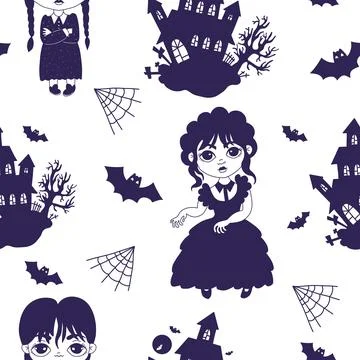 Seamless mystical pattern with gothic dancing girl wednesday on white backg.. Illustrazione stock