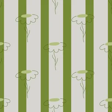 Seamless naive pattern with doodle outline daisy flowers ornament. Green and  Stock Illustration