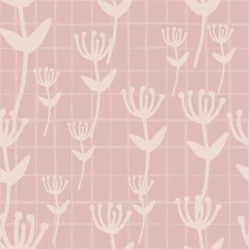 Seamless naive pattern with light pink pale background with check. Random flo Stock Illustration