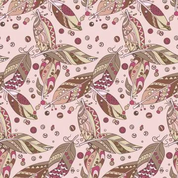 Seamless native  pattern with feathers and beads in vector graphic illustrati Stock Illustration