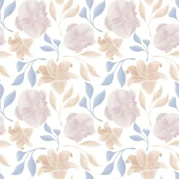 Seamless natural pattern of illustrations of orchid and lily flowers with twi Stock Illustration