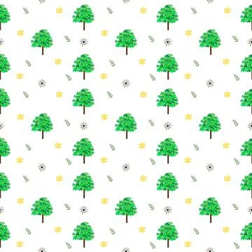 Seamless nature green tree, leaf, and yellow flower pattern on white backgroud Stock Illustration