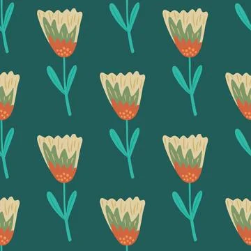 Seamless nature pattern with hand drawn flower simple silhouettes. Turquoise  Stock Illustration