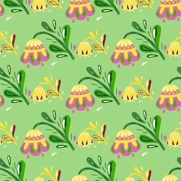 Seamless nature pattern with hand drawn yellow folk flowers ornament. Light g Illustrazione stock