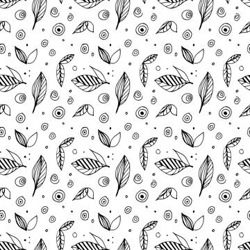 Seamless nature pattern. Leaves print in trendy doodle style. Black white Line Stock Illustration