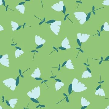Seamless nature pattern with random blue flower silhouettes. Green background Illustrazione stock