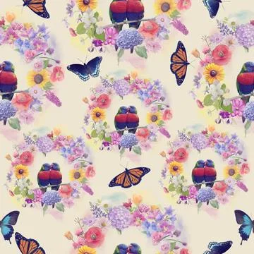 Seamless nature pattern seamless nature pattern with flowers,birds and but... 库存照片