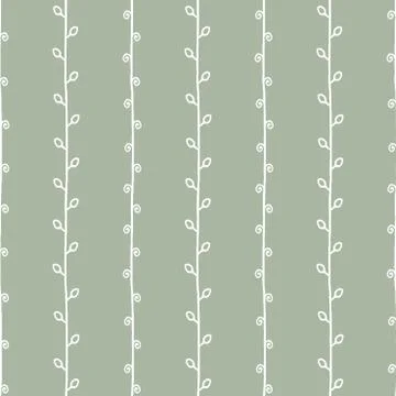 Seamless nature sketch vector pattern. White twig on green background Stock Illustration