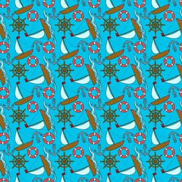 Seamless Nautical Pattern with Boats and Anchors Stock Illustration