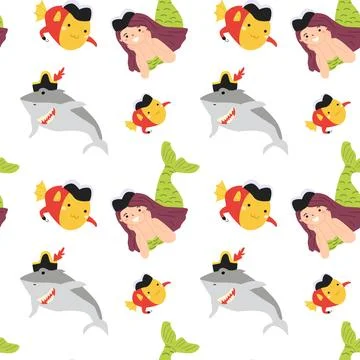 Seamless nautical pattern with cute pirate fish, mermaids, and sharks イラスト素材
