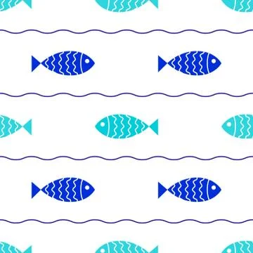 Seamless nautical pattern with fish and waves. Stock Illustration