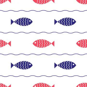Seamless nautical pattern with fish and waves 스톡 일러스트
