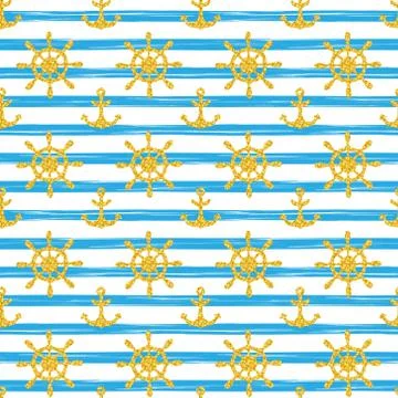 Seamless nautical pattern with golden anchors and ship wheels on white black Illustrazione stock