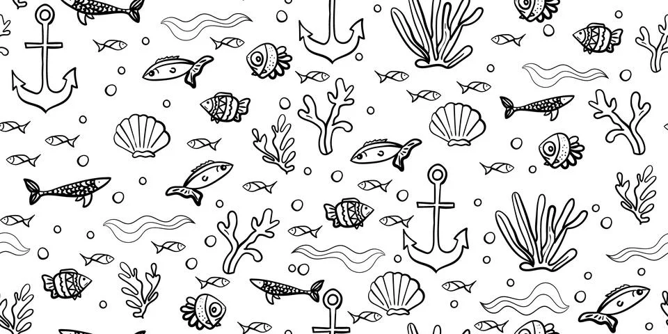 Seamless nautical pattern with hand-drawn fish, anchors, seashells, seaweed.. Stock Illustration