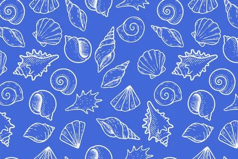 Seamless nautical pattern with hand-drawn seashells in white on a vibrant blue イラスト素材