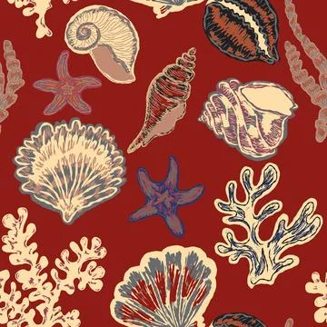 Seamless nautical pattern with hand painted shells and starfish in expressive 스톡 일러스트