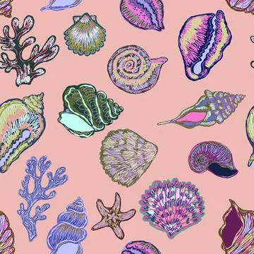 Seamless nautical pattern with hand painted shells and starfish in expressive Illustrazione stock