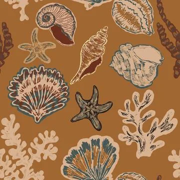 Seamless nautical pattern with hand painted shells and starfish in expressive 스톡 일러스트