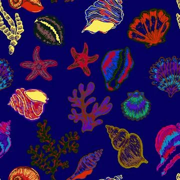 Seamless nautical pattern with hand painted shells and starfish in expressive 스톡 일러스트