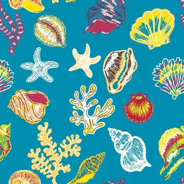 Seamless nautical pattern with hand painted shells and starfish in expressive Stockillustratie