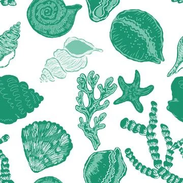 Seamless nautical pattern with hand painted shells and starfish in expressive Stockillustratie