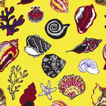 Seamless nautical pattern with hand painted shells and starfish in expressive Stockillustratie