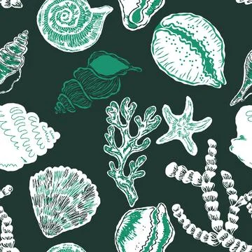 Seamless nautical pattern with hand painted shells and starfish in expressive Illustrazione stock