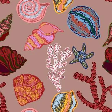 Seamless nautical pattern with hand painted shells and starfish in expressive イラスト素材