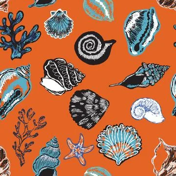 Seamless nautical pattern with hand painted shells and starfish in expressive Illustrazione stock