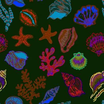 Seamless nautical pattern with hand painted shells and starfish in expressive 스톡 일러스트