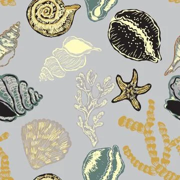 Seamless nautical pattern with hand painted shells and starfish in expressive Illustrazione stock