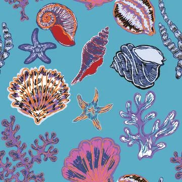 Seamless nautical pattern with hand painted shells and starfish in expressive 스톡 일러스트